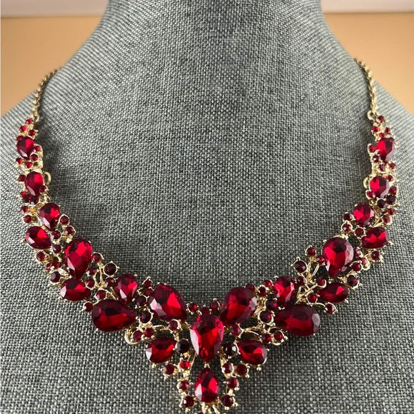 Red Statement Necklace, Necklace Earring Set, Large Crystal Necklace, Rhinestone - Picture 3 of 4